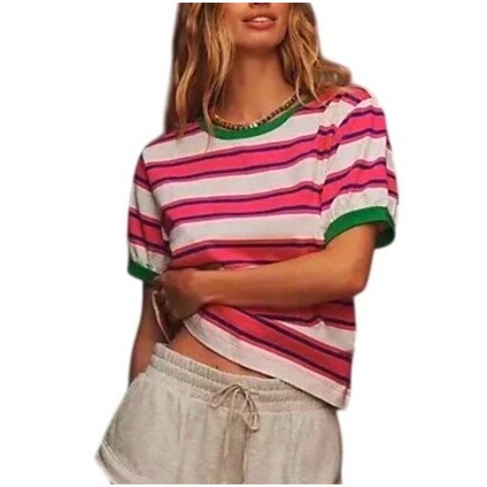 Pilcro Anthropologie Bright Striped Pink and Green Slouchy T-Shirt Classic Small